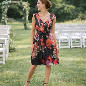 Adrianna Papell Black Floral Midi Dress with Red & Pink Accents